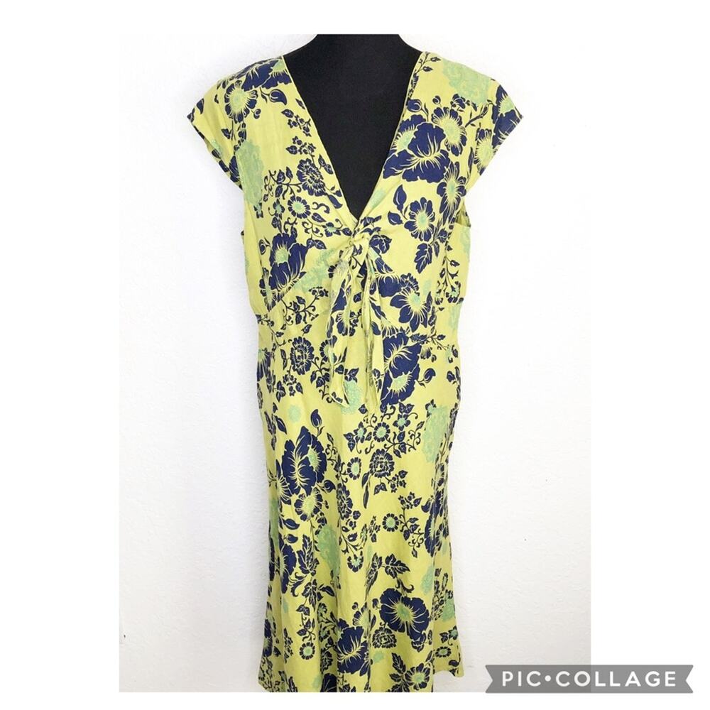 Cut Loose lime green navy floral v neck tie front linen midi dress size Large